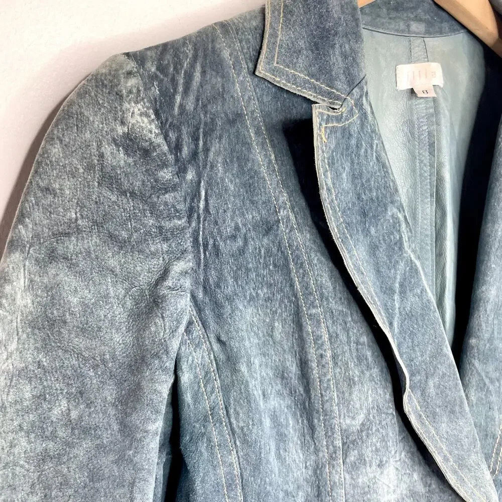 Illia Denim Leather Blazer Sz 8 Blue Suede Denim Look Indie Sleaze Y2K Eclectic - Picture 2 of 10